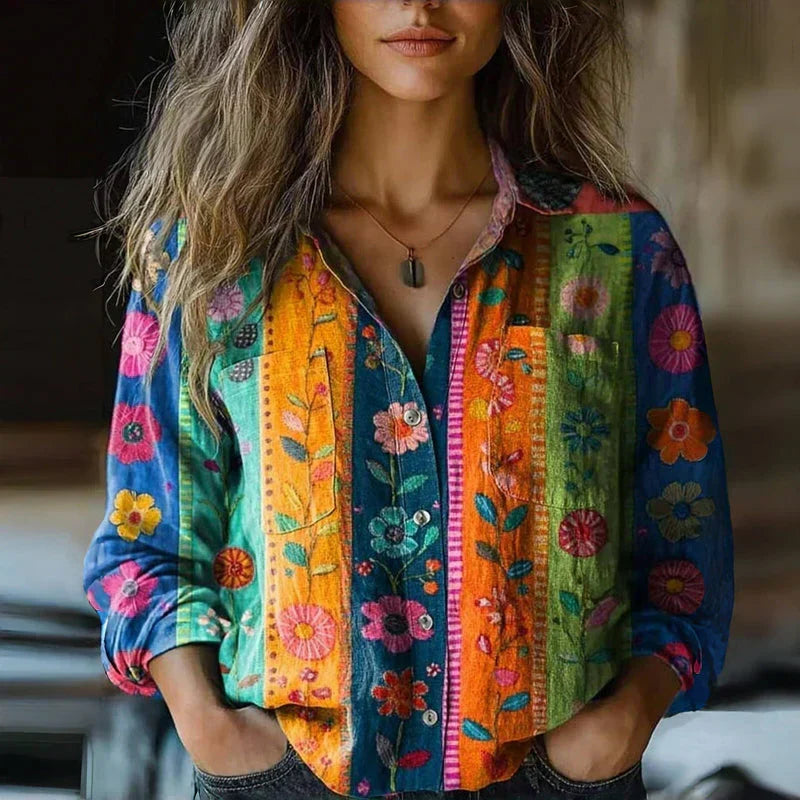 Dam Blus | Färgglad Blommig | Knappar | Sommar