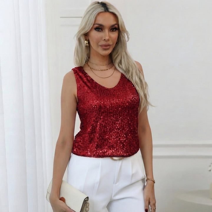 Damtopp | Glittrande Paljetter &amp; V-ringning | Ärmlös Elegant Topp för Fest &amp; Vardag