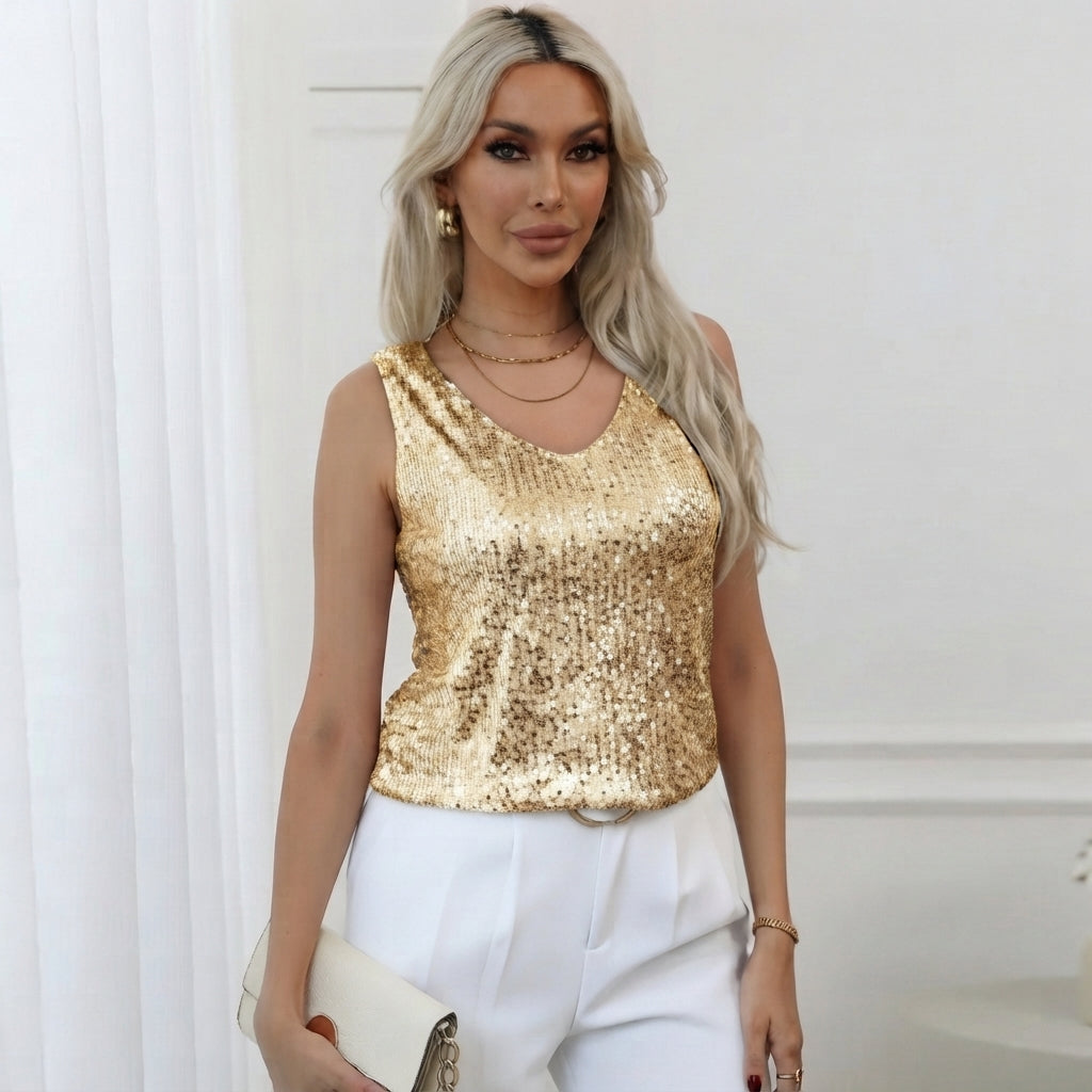 Damtopp | Glittrande Paljetter &amp; V-ringning | Ärmlös Elegant Topp för Fest &amp; Vardag