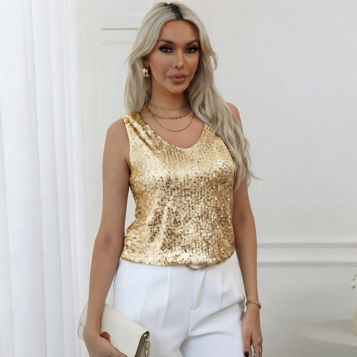 Damtopp | Glittrande Paljetter &amp; V-ringning | Ärmlös Elegant Topp för Fest &amp; Vardag