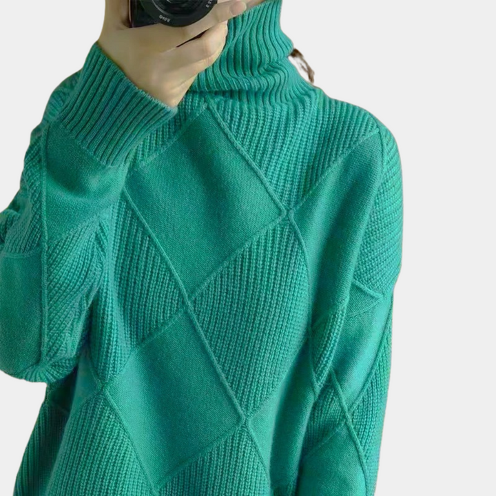 Ribbstickad Polotröja med Geometrisk Textur för Dam