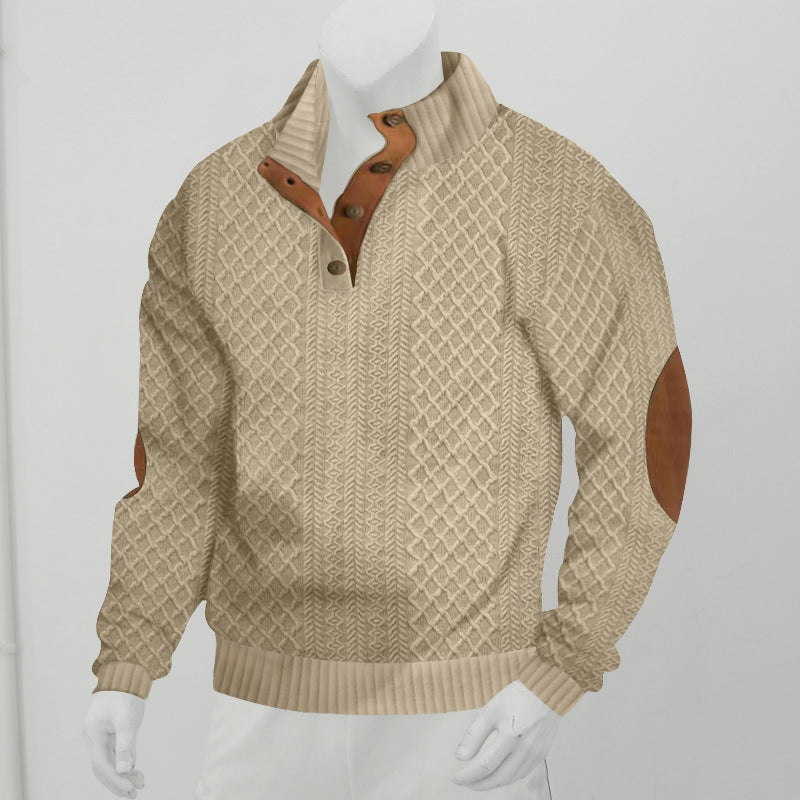 Herrpullover med Kabelstickad Henley-krage och Läderpatch