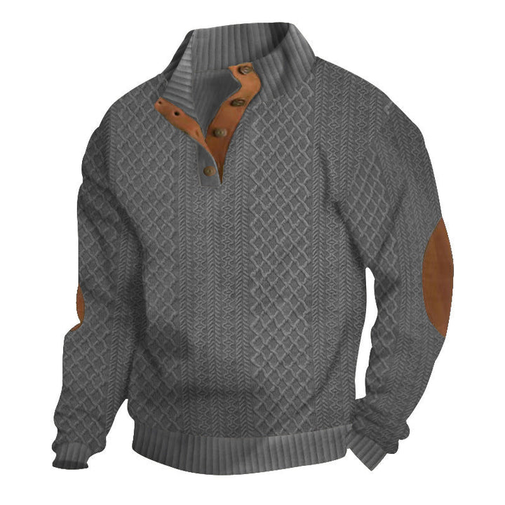 Herrpullover med Kabelstickad Henley-krage och Läderpatch