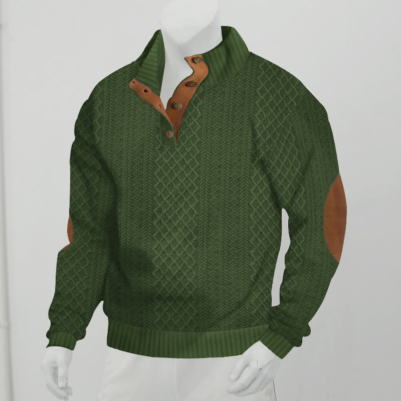 Herrpullover med Kabelstickad Henley-krage och Läderpatch