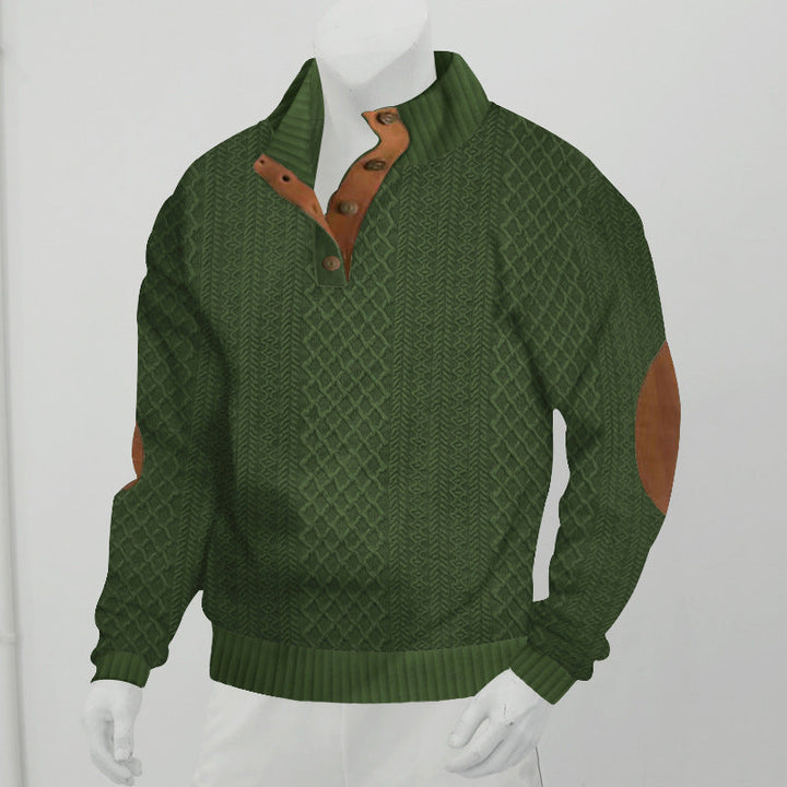 Herrpullover med Kabelstickad Henley-krage och Läderpatch