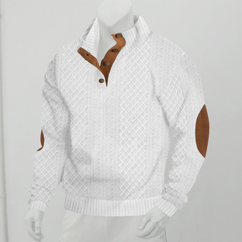 Herrpullover med Kabelstickad Henley-krage och Läderpatch
