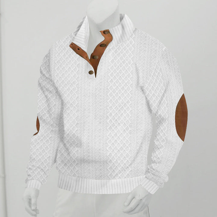 Herrpullover med Kabelstickad Henley-krage och Läderpatch