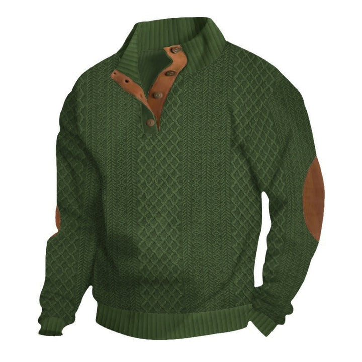 Herrpullover med Kabelstickad Henley-krage och Läderpatch