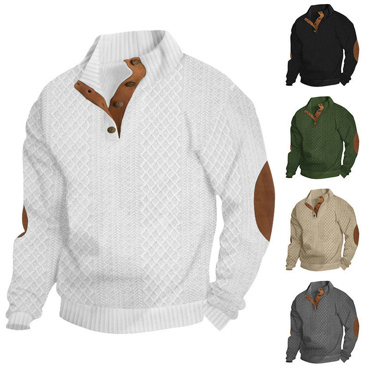 Herrpullover med Kabelstickad Henley-krage och Läderpatch