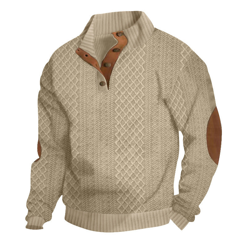 Herrpullover med Kabelstickad Henley-krage och Läderpatch