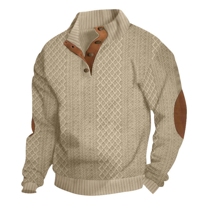 Herrpullover med Kabelstickad Henley-krage och Läderpatch