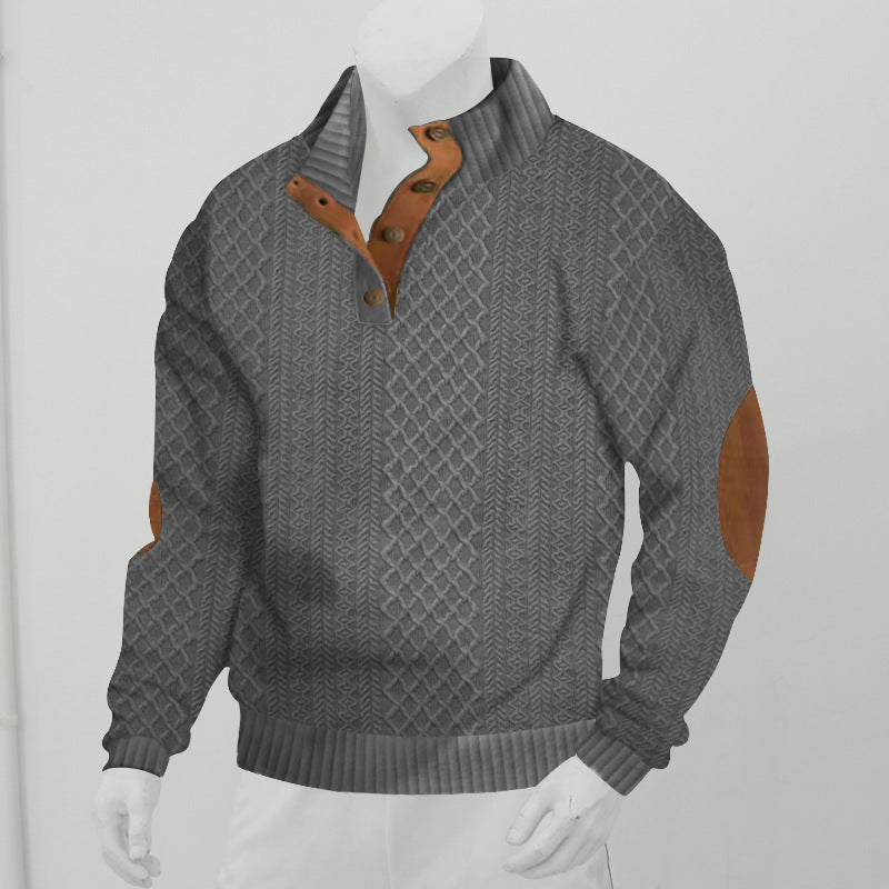 Herrpullover med Kabelstickad Henley-krage och Läderpatch