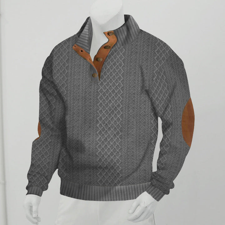 Herrpullover med Kabelstickad Henley-krage och Läderpatch