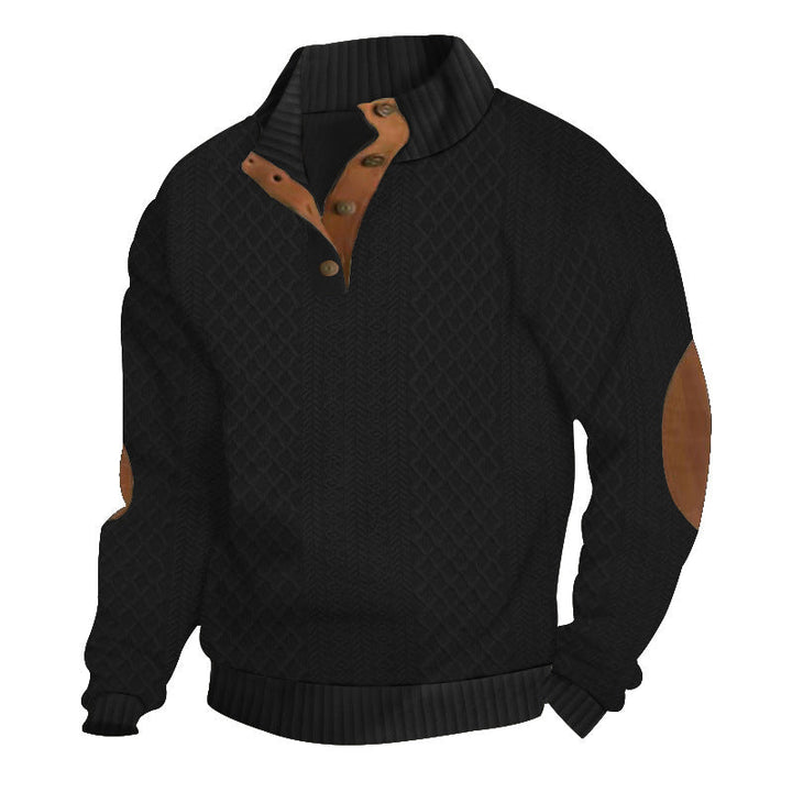Herrpullover med Kabelstickad Henley-krage och Läderpatch