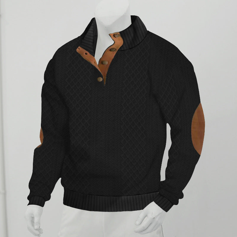 Herrpullover med Kabelstickad Henley-krage och Läderpatch