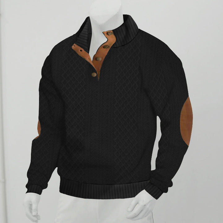 Herrpullover med Kabelstickad Henley-krage och Läderpatch