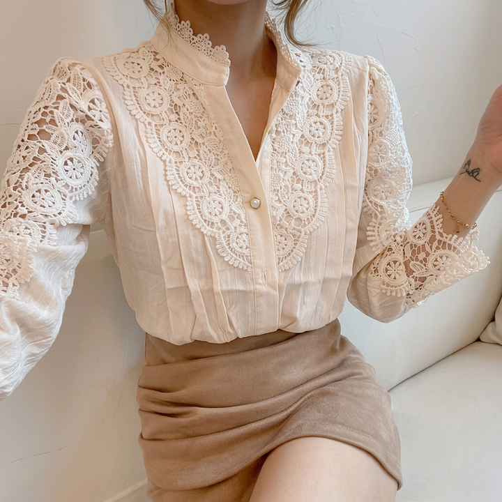 Dam Blus | Viktoriansk Stil | Pärlknappar &amp; Spetsdetaljer | Elegant Långärmad Topp