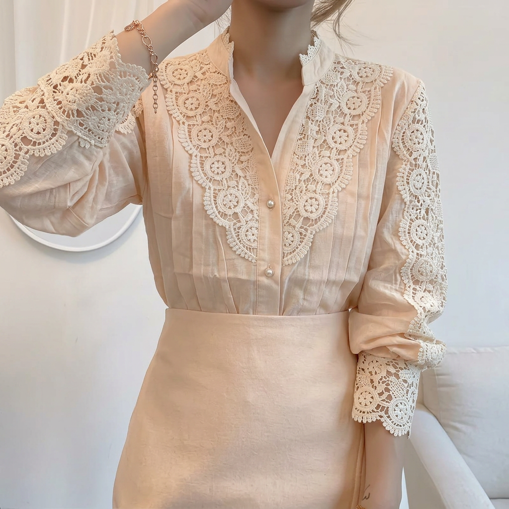 Dam Blus | Viktoriansk Stil | Pärlknappar &amp; Spetsdetaljer | Elegant Långärmad Topp