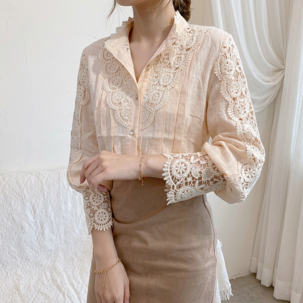 Dam Blus | Viktoriansk Stil | Pärlknappar &amp; Spetsdetaljer | Elegant Långärmad Topp