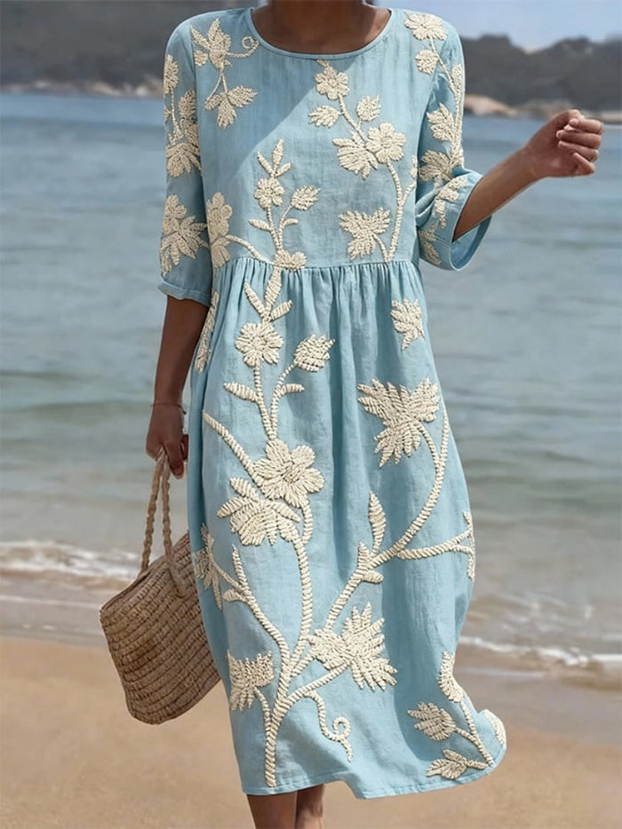Dam Blommig Midi-Klänning - Elegant Rundnäck
