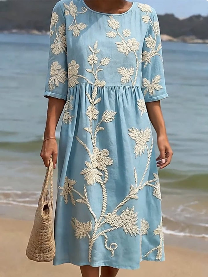 Dam Blommig Midi-Klänning - Elegant Rundnäck