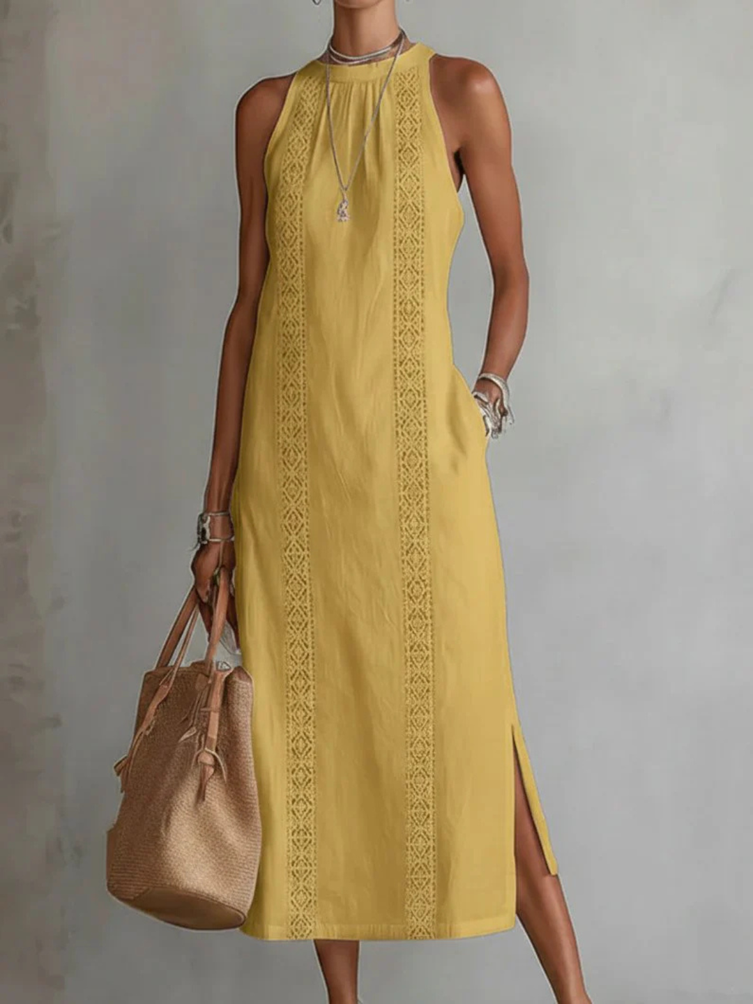 Dam Elegant Ärmlös Spetsdetalj Maxiklänning - Klassisk Stil
