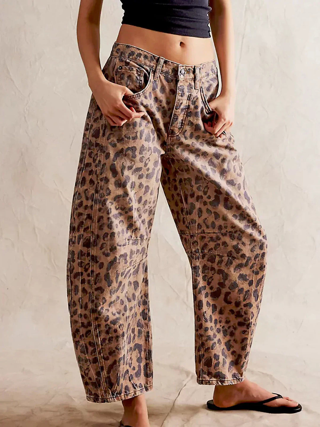 Dam Leopardmönstrad Vida Bendjeans – Högt Midja Barrel Passform