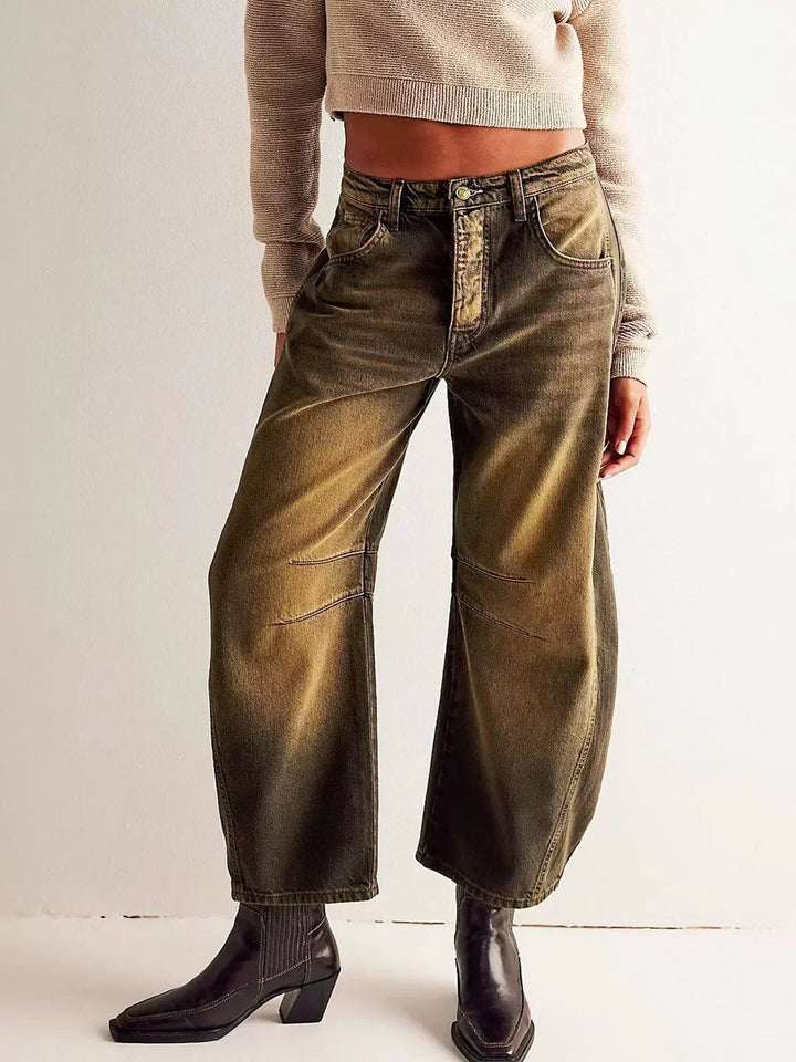 Dam Leopardmönstrad Vida Bendjeans – Högt Midja Barrel Passform