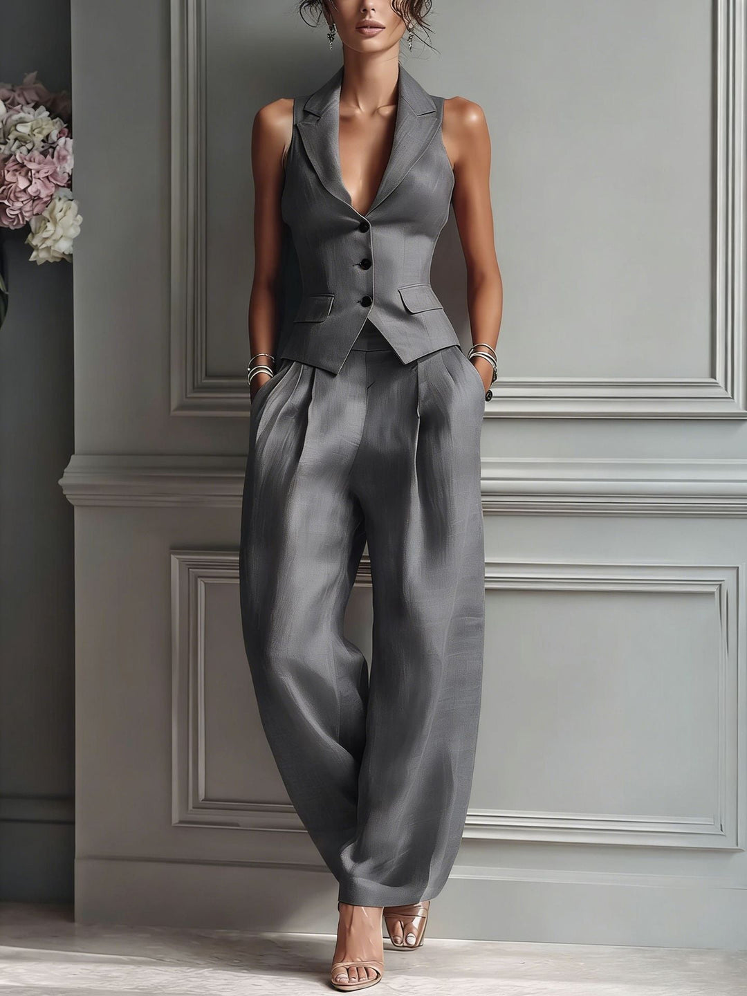 Dam Tvådelad Outfit med V-ringning och Knappar - Elegant