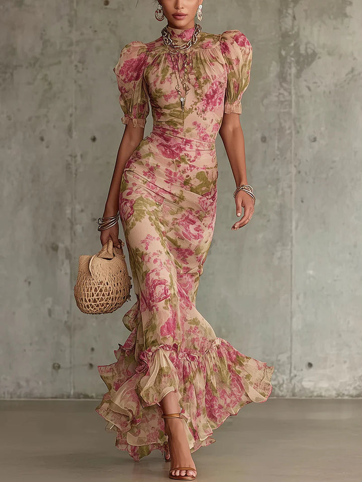 Dam Vintage Puffärm Maxiklänning - Romantisk Rosdesign