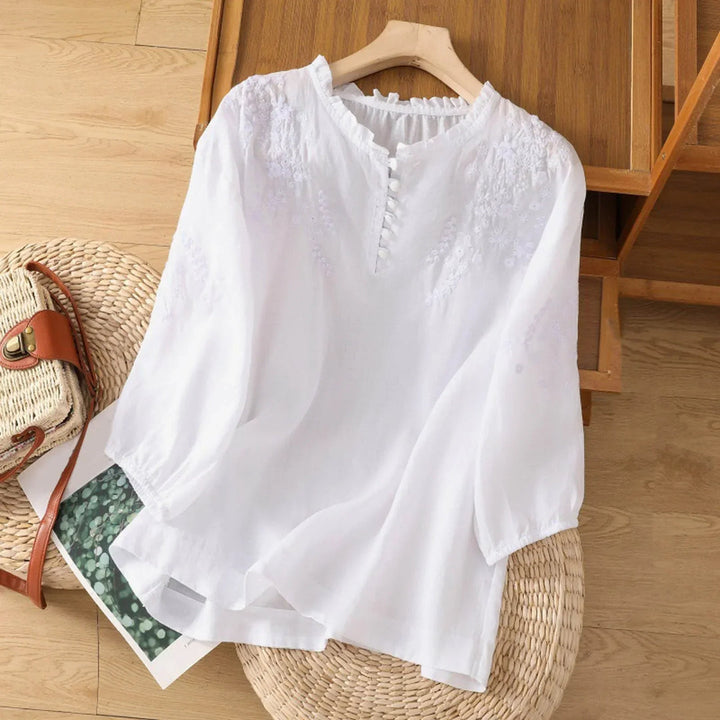 Dam Blus | Broderad | Knappar | Sommar