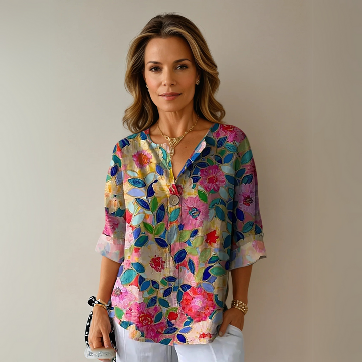 Dam Blus | Elegant Blommönster | Knoppsluten | Sommar