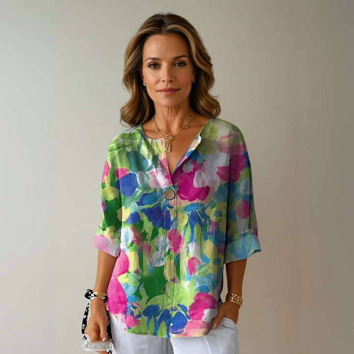 Dam Blus | Elegant Blommönster | Knoppsluten | Sommar
