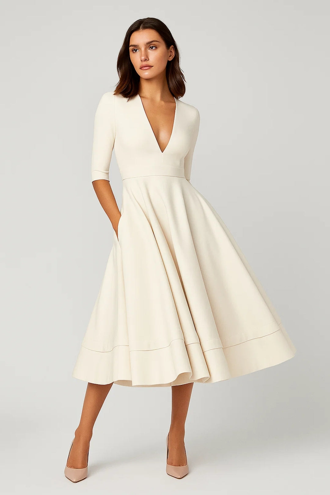 Dam Klänning | Elegant | V-ringad Halvlång Ärmar Midi | Sommar