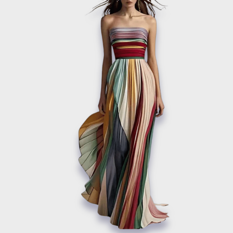 Klänning Maxi | Färgstark Plisserad Klänning | Axelbandslös Design | Elegant Fall