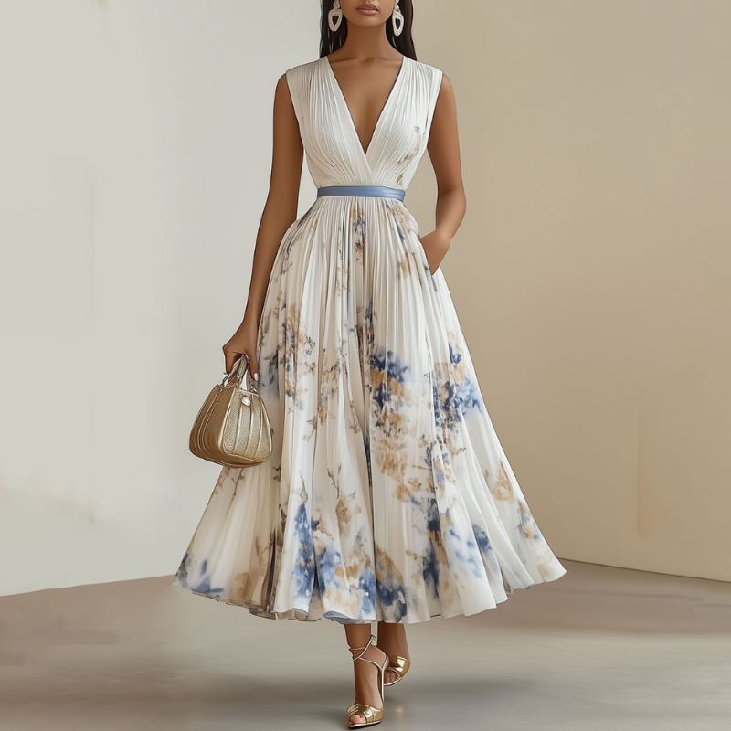 Klänning Midi | Elegant Ceremoniklänning | Blommigt Mönster | Djup V-ringning