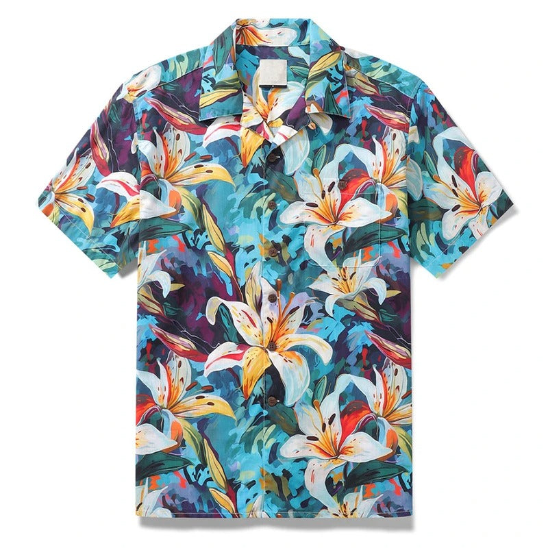 Herr Skjorta | Kortärmad | Strand Blommigt Print | Sommar