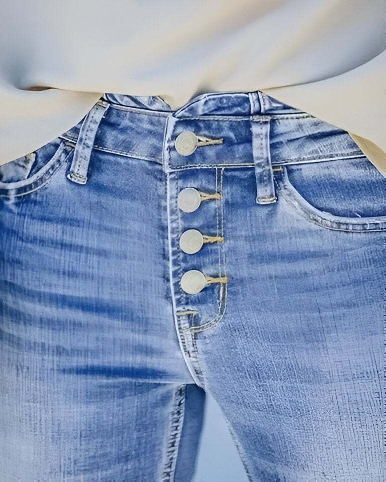 Kvinnor Jeans | Hög Midja &amp; Utsvängda Ben | Stretchig Passform | Vintage Tvätt