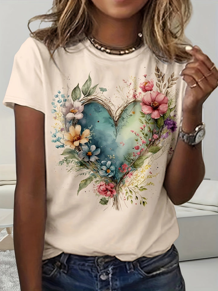T-shirt med Blommor &amp; Hjärta | Casual | Lätt &amp; Somrig Stil