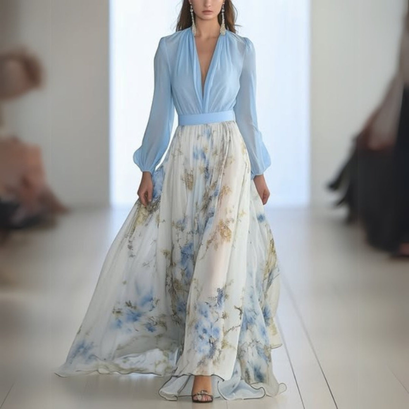 Klänning Maxi | Elegant Blommig Klänning | Djup V-ringning | Lång Ärm