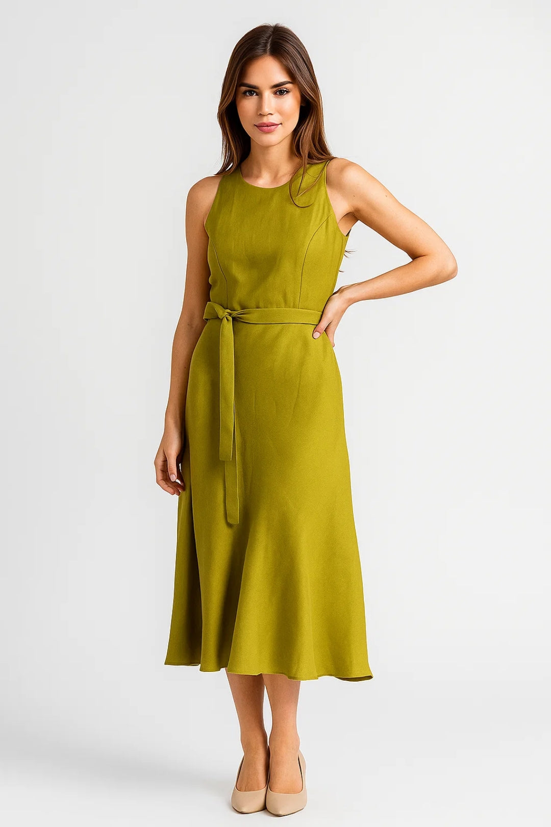 Dam Klänning | Midi Elegant | Ärmlös Met Midjeband | Sommar