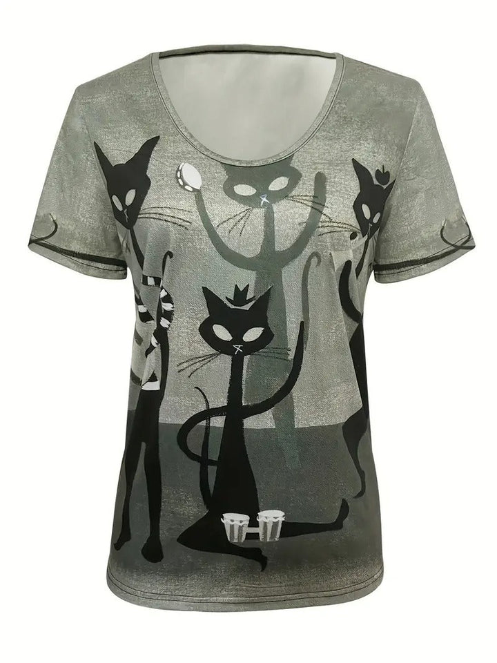 Dam T-shirt | Kattmotiv | Kortärmad &amp; Avslappnad Passform | För Vår &amp; Sommar