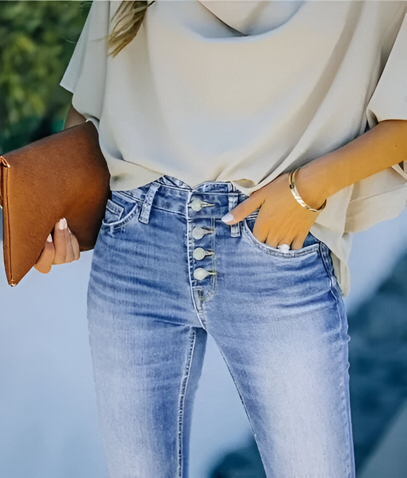 Kvinnor Jeans | Hög Midja &amp; Utsvängda Ben | Stretchig Passform | Vintage Tvätt