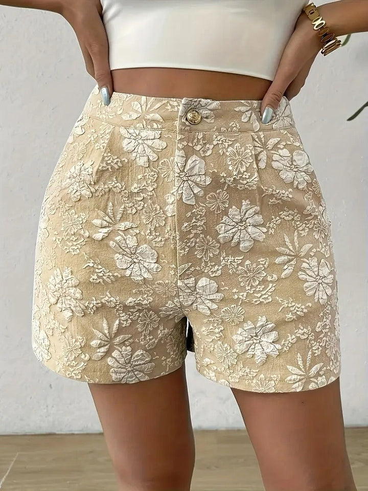 Kvinnors Blommiga Jacquard Shorts | Hög Midja &amp; A-Linje | Eleganta Damesshorts