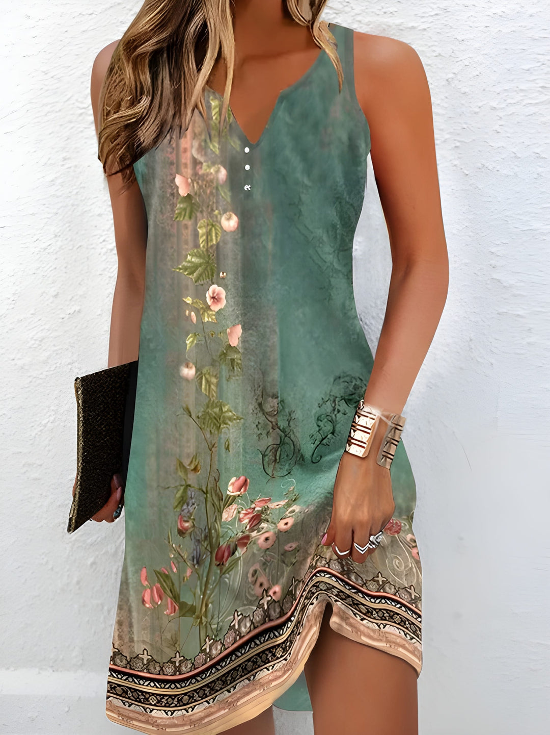 Damklänning | Elegant Blommönster | V-ringning &amp; Knappdetalj | Vår-Sommar