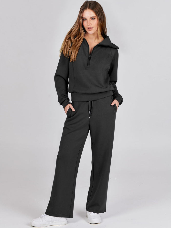 Kläder Dam | Mysigt Set med Zipper-Pullover & Vida Byxor | Bekväm Vardagslook