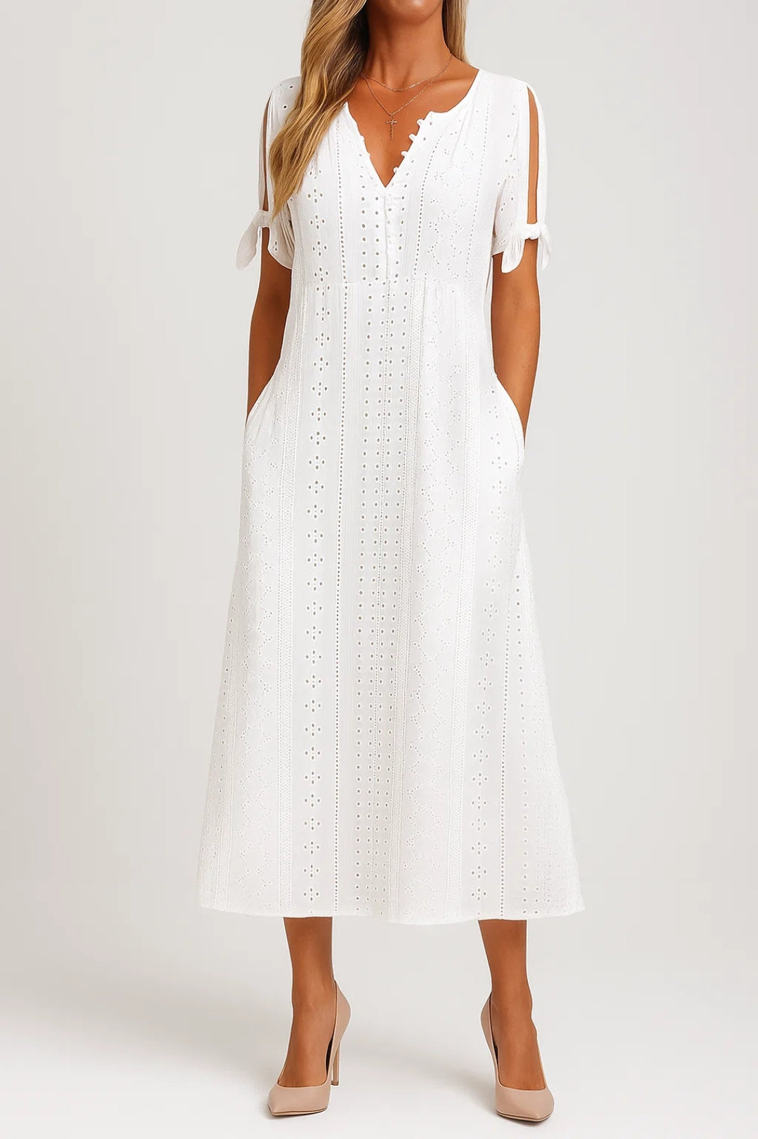 Dam Klänning | Elegant | V-ringad Midi Kort Ärm | Sommar