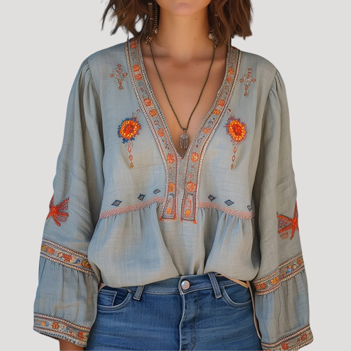 Dam Broderad Bohemisk Blus - Luftig Sommarstil