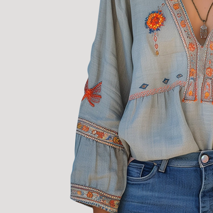 Dam Broderad Bohemisk Blus - Luftig Sommarstil